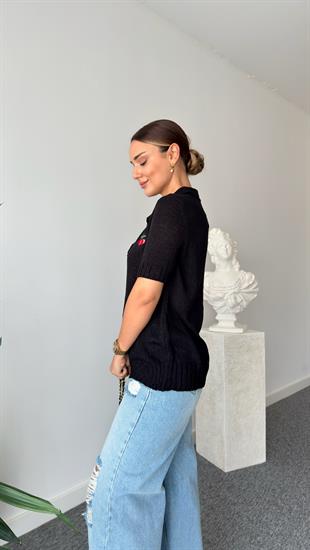 Siyah Kiraz Detaylı Triko Bluz