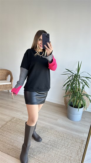 Kolları Triko Detaylı Siyah Sweatshirt