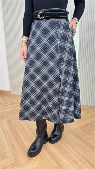 Siyah Orne Zra Model Kemerli Ekose Etek