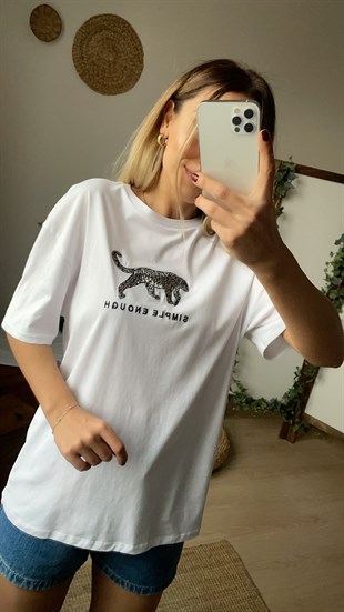 Kaplan Desen Beyaz Tshirt