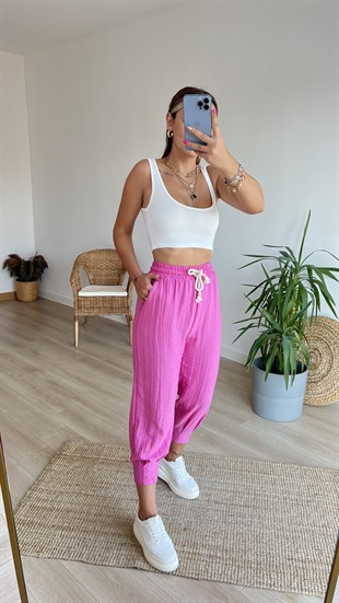 Beli Lastikli Paça Pile Detaylı Fuşya  Pantolon