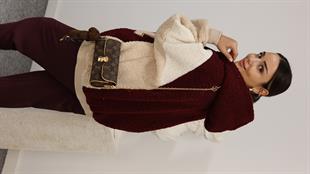 Bordo Premıum Yazı Detaylı Peluş Mont