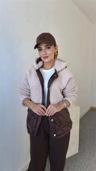 Kahve Kapitone Detaylı Ekru Teddy Ceket