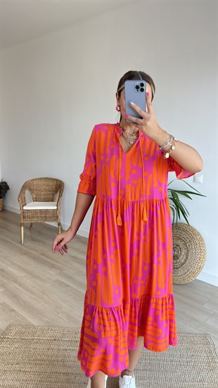Turuncu Pembe Desenli Salaş Elbise
