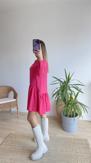 Uzun Kol Pembe Basic Elbise 