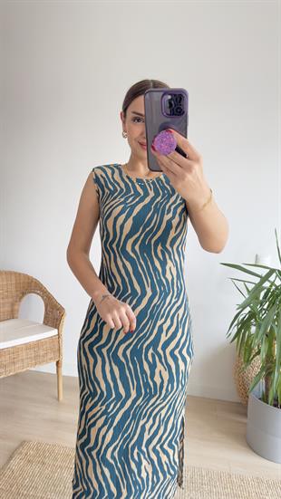 Yeşil Zebra Desen Yırtmaçlı Elbise