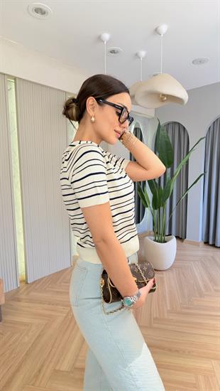 Kahve Ribanalı Çizgili Kısa Kol Triko