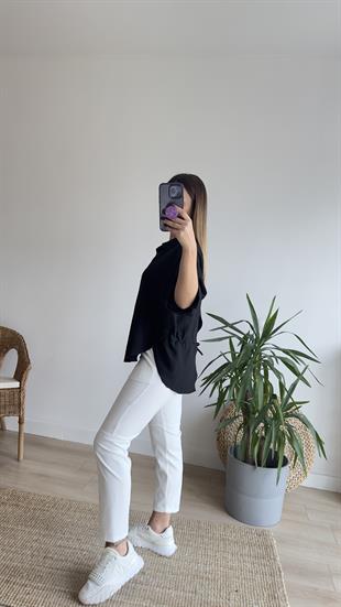 Sırtı Çapraz Detay Siyah Bluz