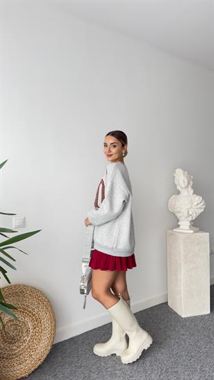 Leopar İşleme Yazı Detay Gri Sweatshirt