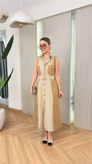 Gisel Cep Detaylı Kuşaklı Kontrast Elbise