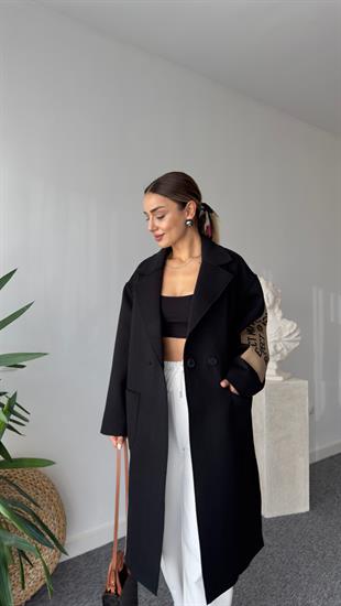 Marike Orj Model Yazı Detaylı Astarlı Siyah Kaban