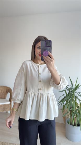 Düğmeli Keten Bluz