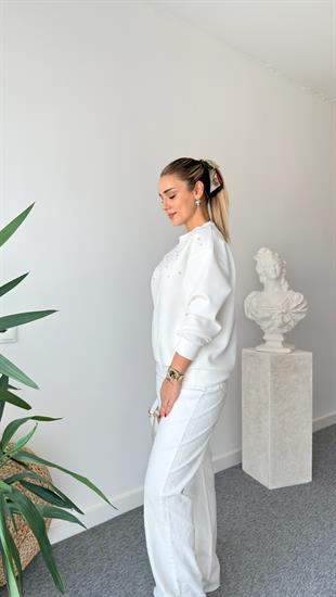 Beyaz Ravev Aksesuarlı Scuba Sweat