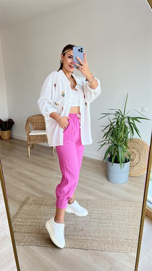 İşleme Taş Detaylı Oversize Keten Gömlek
