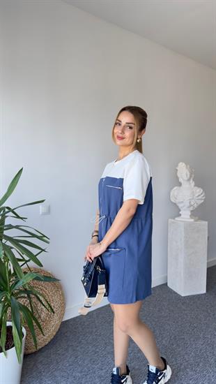 Derno Tshirt Detaylı Mavi Gabardin Elbise 