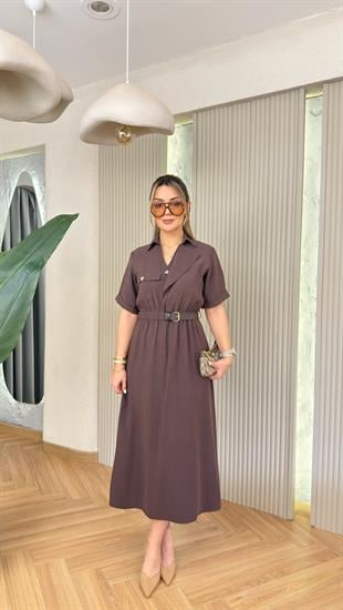 Kahve Benita Marka Muadil Kemerli Tensel Elbise 