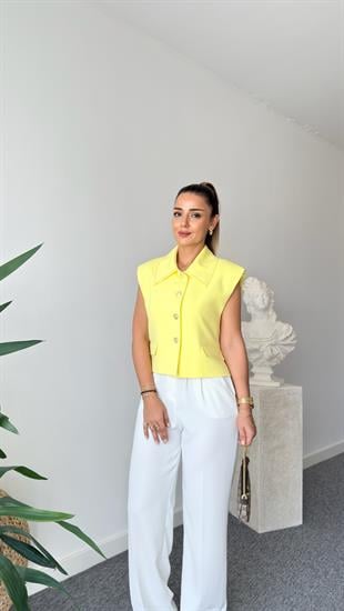 Sarı Gold Düğmeli Dikiş Detaylı Yelek