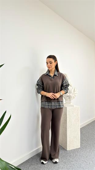 Kahve Leil Ekose Gömlek Detaylı Modal Takım