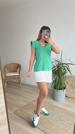 Kolları Volanlı V Yaka Yeşil Tshirt