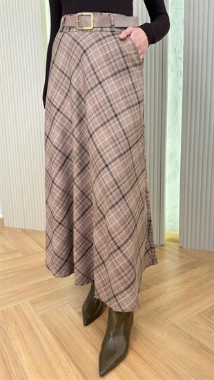 Bej Lunca Kemerli Ekose Etek