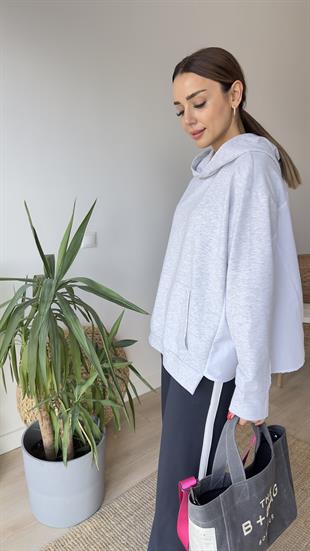 Zra Model Sırtı Poplin Kapüşonlu Gri Sweat