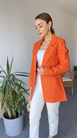 Gold Düğme Turuncu Tüvit Blazer Ceket
