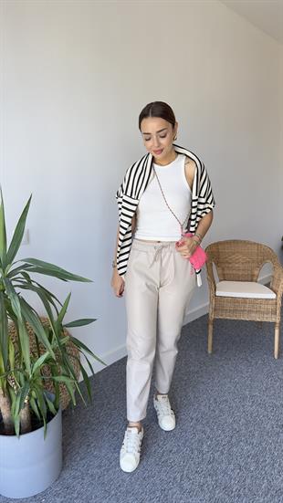 Marka Model İthal Bej Deri Pantolon