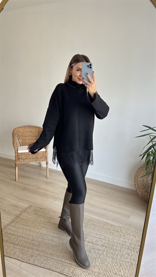 Dantel Detaylı Siyah Triko