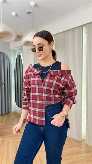 Kırmızı Faya Atlet Detaylı Ekose Gömlek