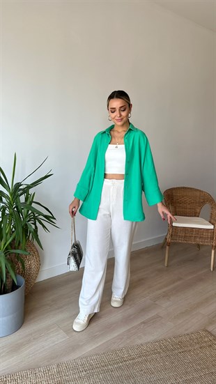 Oversize Yeşil Pamuklu Gömlek