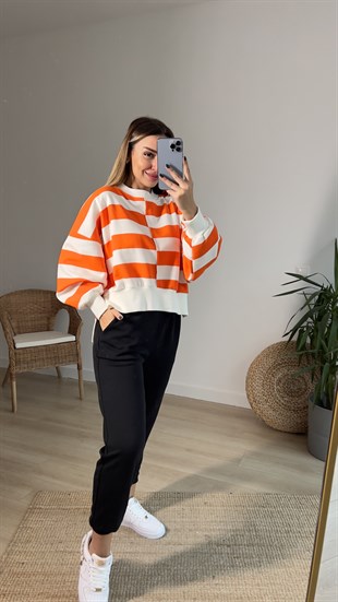 Turuncu Beyaz Kalın Çizgili Şardonlu Sweat
