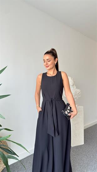 Carta Kuşaklı Siyah Bol Paça Tulum