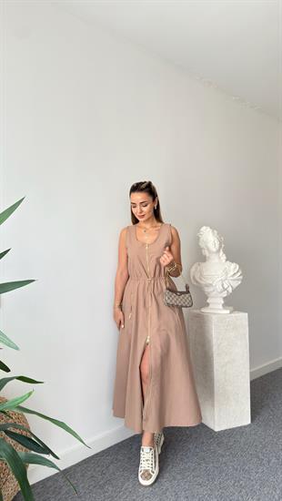 Kahve Reid Bel Büzgülü Fermuarlı Elbise