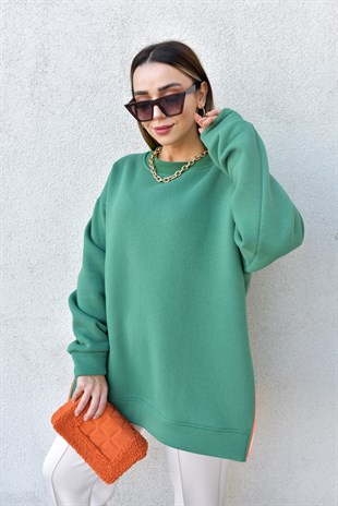 Yanı Fermuar Detaylı Salaş Yeşil Sweat