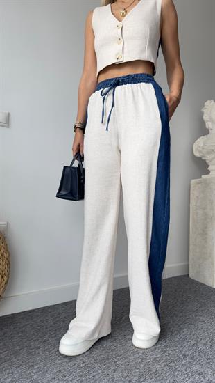 Yanlar Kot Garnili Keten Pantolon