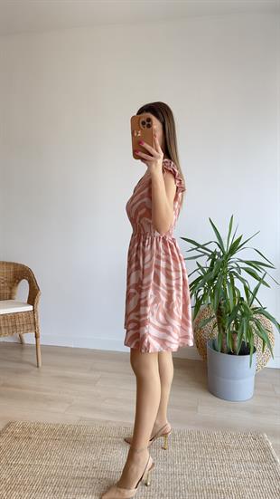 Saten V Yaka Bel Lastikli Elbise 