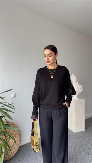 Kolu Pencereli Tül Detay Siyah Modal Sweat