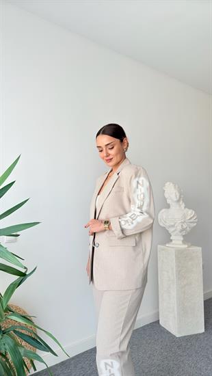 Bien Çizgili Bej Blazer Ceket