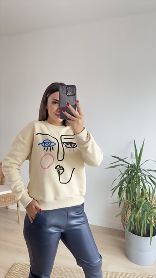 Nakış Yüz Figürlü Bej Sweat