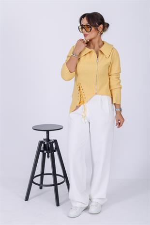 Sarı Bağcık Detaylı Triko Ceket