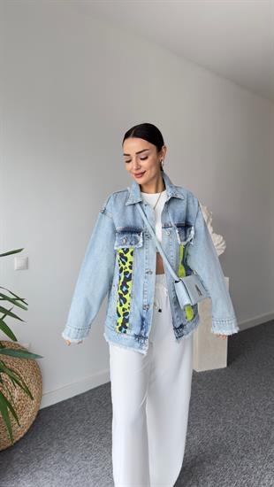 Lera Yeşil Leopar Detaylı Tasarım Jean Ceket