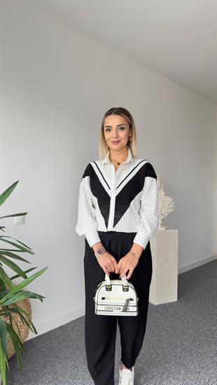 Casa Ribanalı Siyah Beyaz Çizgili Gömlek