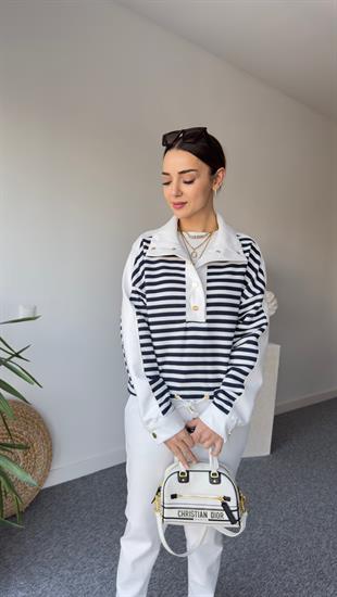 Deri Garnili Çizgili Sweatshirt
