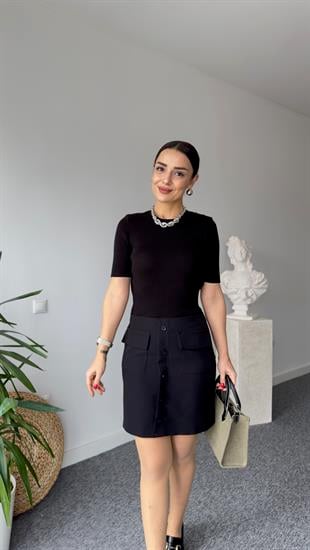 Farfe Triko Garnili Siyah Düğmeli Elbise 