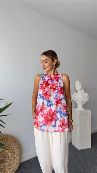 Renkli Çiçek Desen Kolsuz Bluz