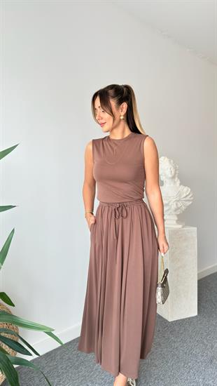 Kahve Terula Kloş Etekli Modal Takım 