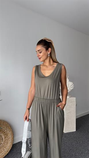 Sırt Dekolte Bel Lastikli Haki Tulum