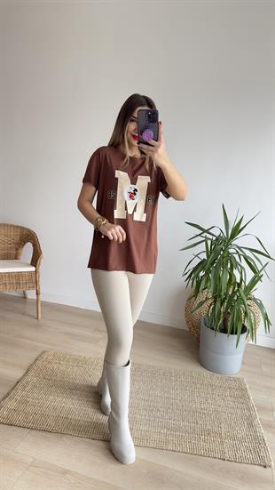 M Baskı Kahve Tshirt