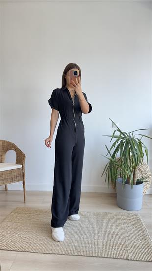 Santo Beli Lastikli Fermuar Detay Siyah Tulum