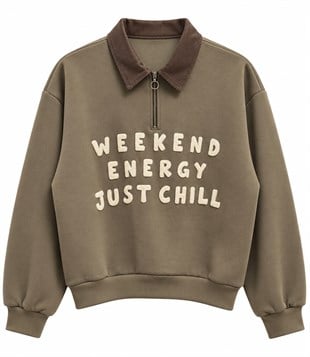 Kabartma Yazılı Kadife Yaka Sweatshirt